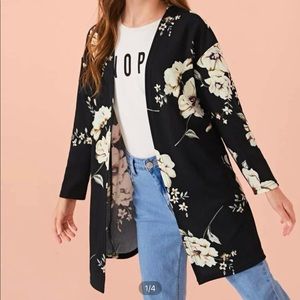 Long sleeve casual coat black and floras long coat